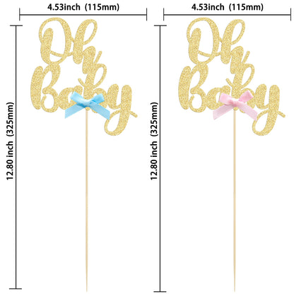 Gyufise 12Pcs Oh Baby Centerpiece Sticks Double Sided Blue Pink Bow Glitter Baby Shower Cupcake Picks Gender Reveal Table Flower Centerpieces for Baby Shower Birthday Party Supplies Gold