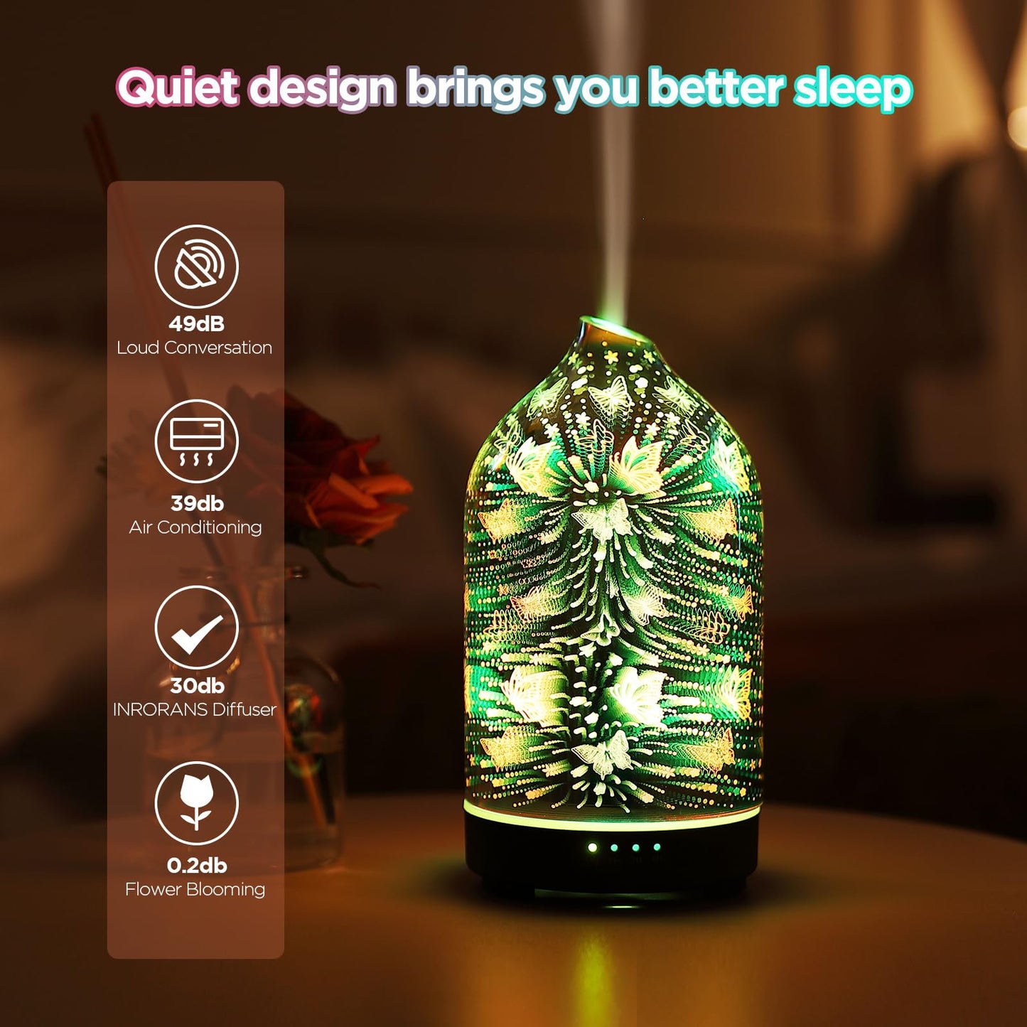 Essential Oil Diffuser Hand Blown Glass Aromatherapy Diffuser - Ultrasonic Cool Mist Scent Aroma Diffuser, Whisper Quiet with Auto Shut-Off, Timer Setting &7 Colors Night Light for Home