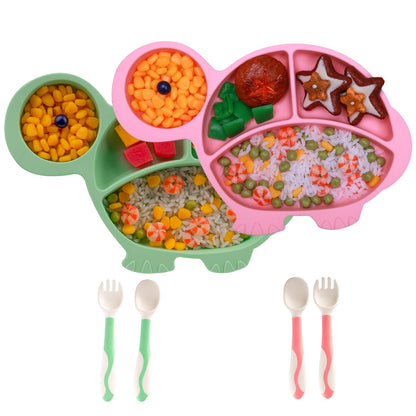 Silicone Suction Plates for Baby Toddler with Spoon Fork set Divided Dinosaurs Plates Self Feeding Training Baby Dinner Plate-Green Dinosaurs Plate Set