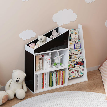 White Kids Bookshelf Wood Toy Storage Organizer Cabinet Children Bookcase Toddler Baby Sling Book Rack 3 Cube Bins Fabric Drawers for Playroom Bedroom Nursery School
