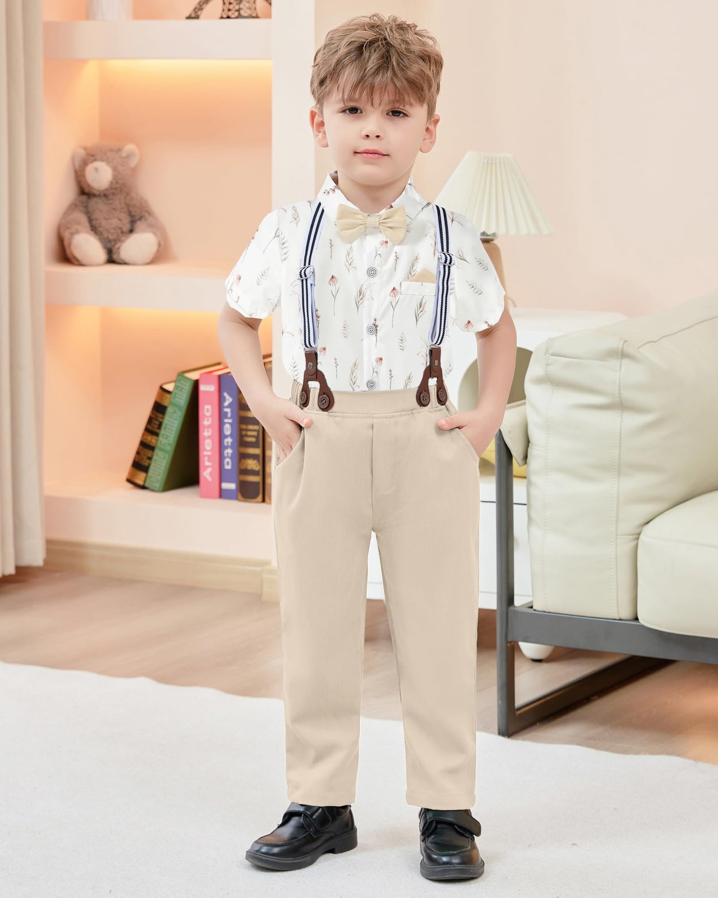 CARETOO Toddler Boy Clothes Suit Gentleman Wedding Outfits Kids Formal Dress Shirt Bowtie Long Suspender Pants Overalls 1-5T