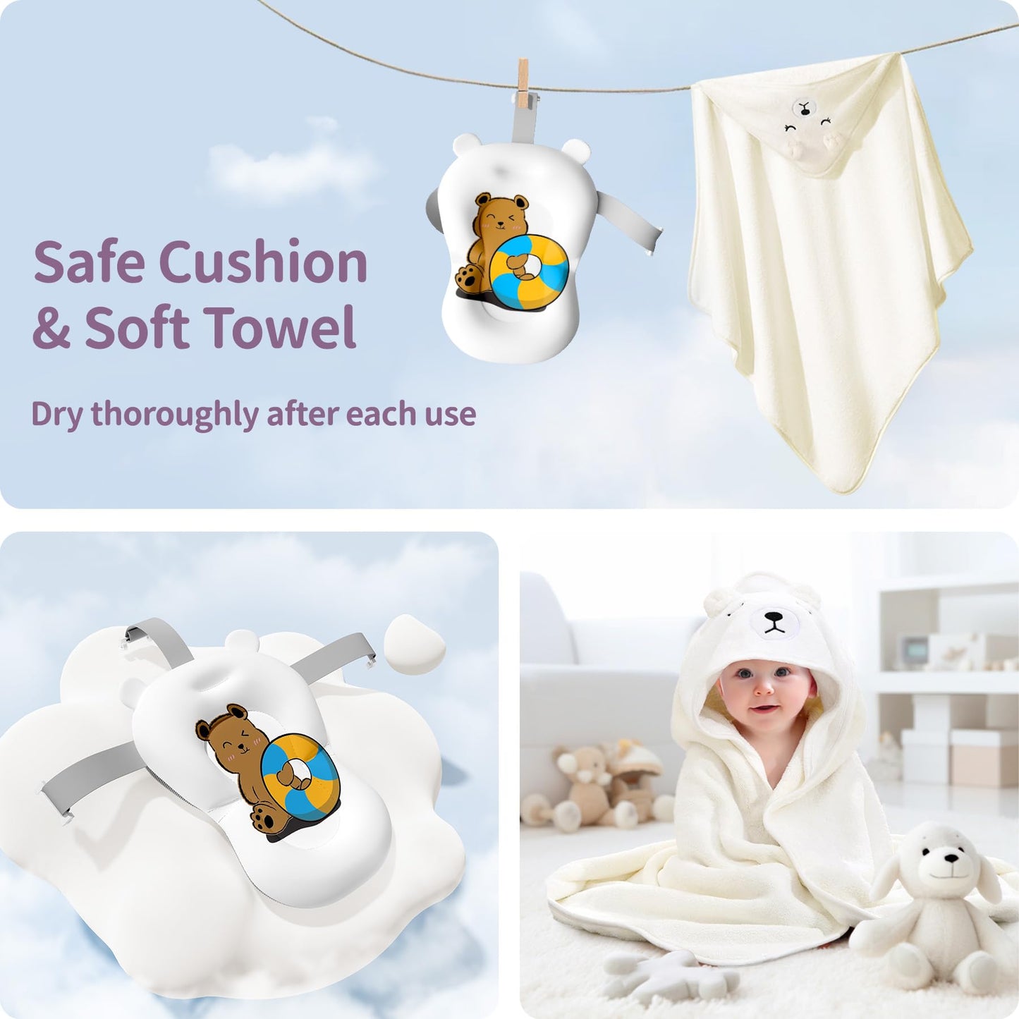 Collapsible Baby Bathtub for Newborn to Toddler (0-18 M) - Portable Baby Tub with Thermometer, Newborn Bathtub with Soft Towel and Floating Cushion (Brown)