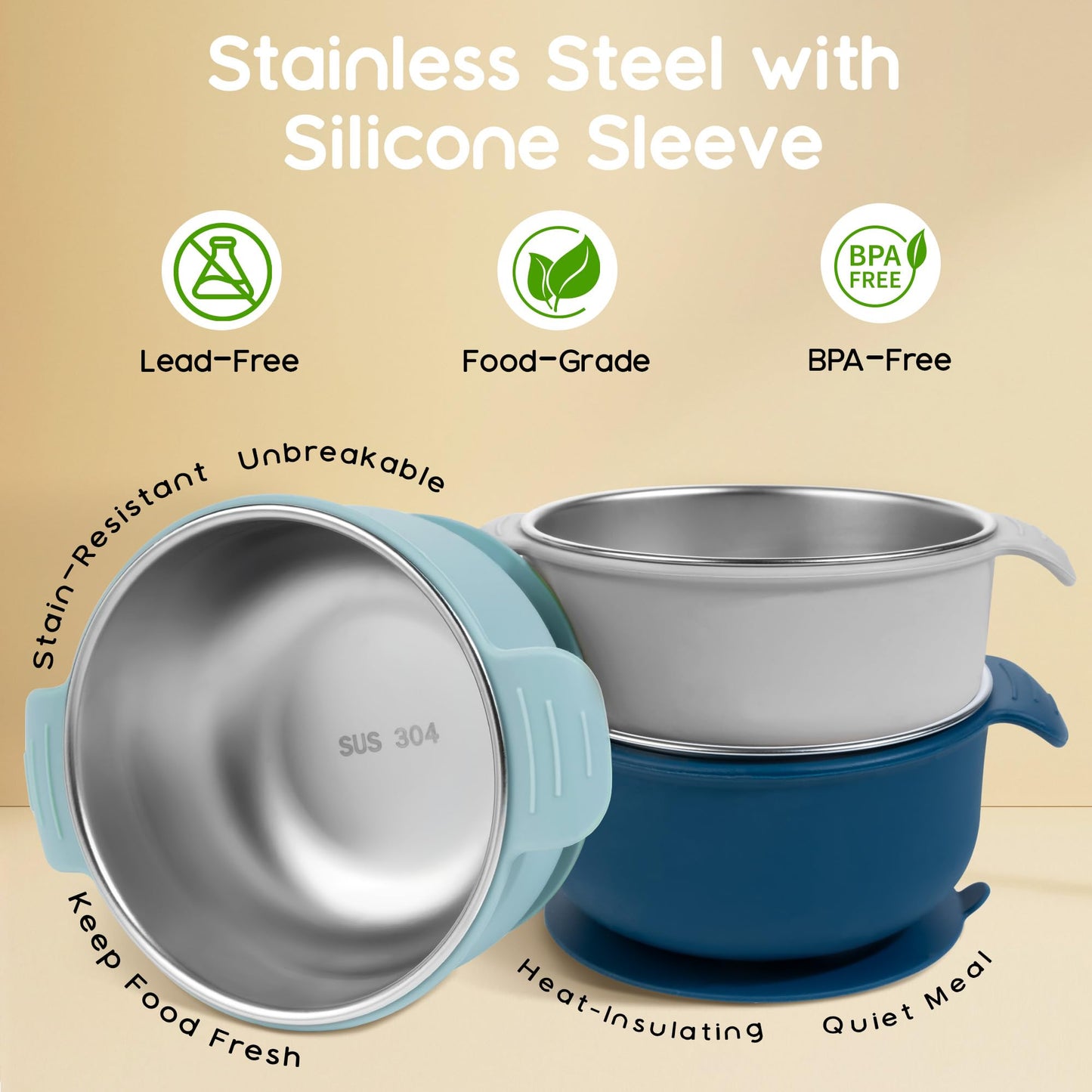 Bella’s Friends Stainless Steel and Silicone Baby Bowls with Suction 3 Pack, 4.3” for Toddlers Kids Feeding, Non-Slip, Non-Toxic, Mess-Free, Dishwasher Safe, Fit High Chair Size, light pink beige pink