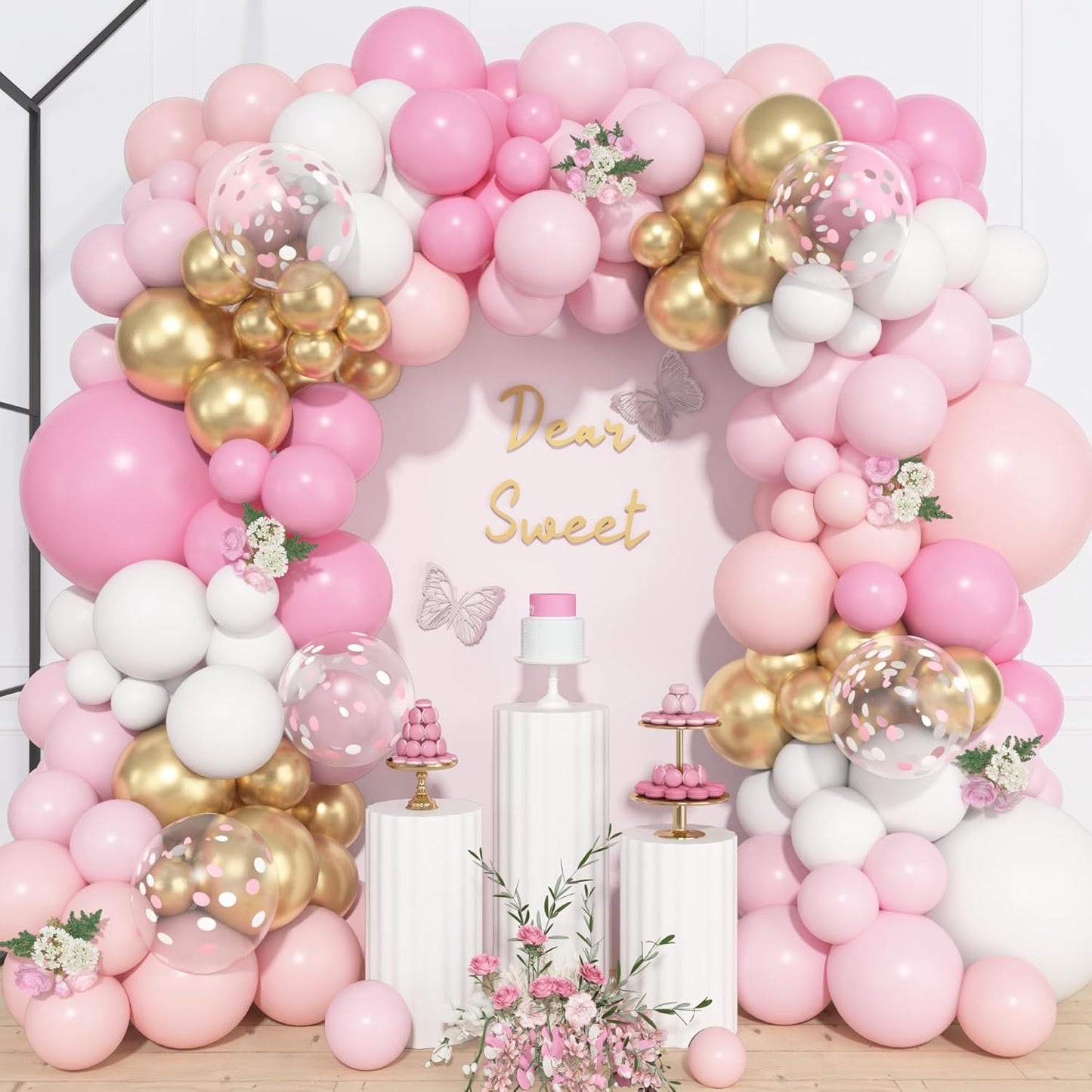 Ouddy Life 157 Pcs Boho Dusty Pink Balloons Arch Garland Kit, Blush Neutral Pink Sand White Metallic Gold Different Size Balloon for Girls Baby Shower Birthday Wedding Gender Reveal Party Decorations
