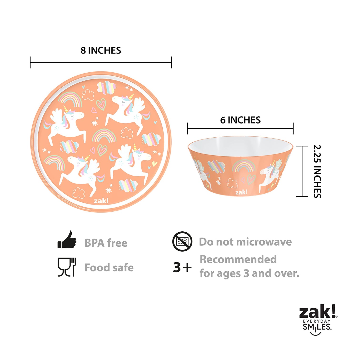 Zak Designs 5-Piece Dinnerware Set, Baby Shark - Durable Plastic & Stainless Steel - Includes Water Bottle, 8-Inch Plate, 6-Inch Bowl, Fork & Spoon - Suitable for Kids Ages 3+