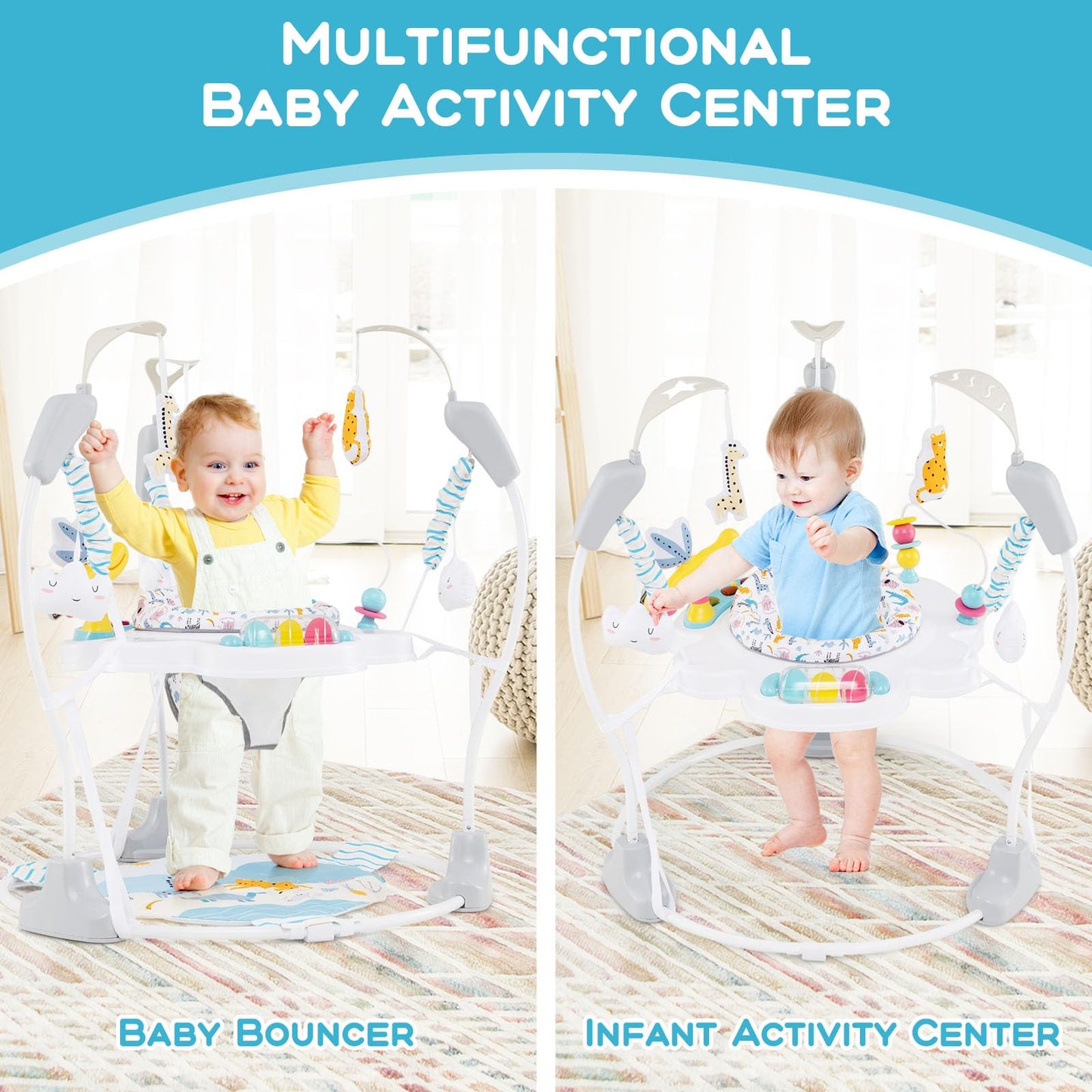INFANS Baby Activity Center, 3 in 1 Play Center Jumpers and Bouncers with Music, Lights, Interactive Toys, 360°Rotating Seat, 3 Adjustable Heights, Exersaucer Learning Toys for Baby 6-12 Months (Blue)