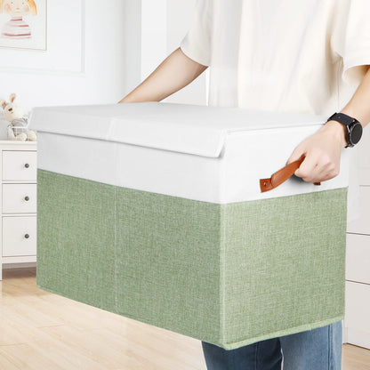 Large Toy Storage Box with Lid, Sturdy Toys Storage Chest Bin Organizer Basket with Dividers for Kids, Boys, Girls, Nursery, Closet, Bedroom, Playroom 25"x13" x16" (Beige and White)