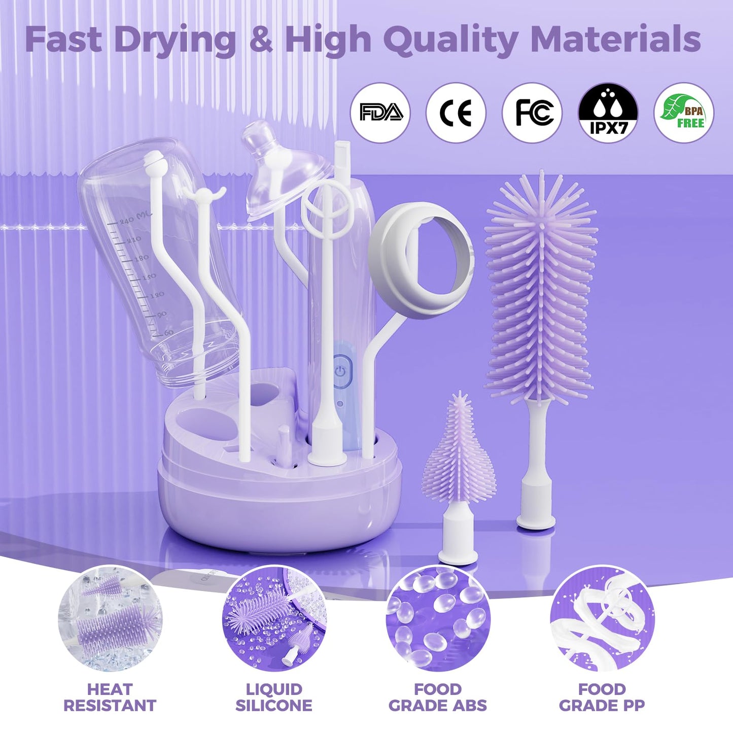 Electric Bottle Brush Cleaner,Rechargable Baby Bottle Brush with Thermometer,Drying Rack,Waterproof Baby Bottle Cleaner with Nipple&Straw Brush,Perfect Essentials Gift for New Mom (Violet)