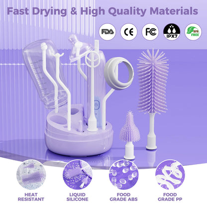 Electric Bottle Brush Cleaner,Rechargable Baby Bottle Brush with Thermometer,Drying Rack,Waterproof Baby Bottle Cleaner with Nipple&Straw Brush,Perfect Essentials Gift for New Mom (Violet)