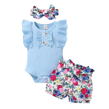 Tiny Cutey Baby Girl Clothes Infant Summer Outfits Set Ruffle Sleeve Romper and Floral Shorts with Headband