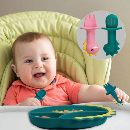 Silicone Suction Plates for Baby Toddler with Spoon Fork set Divided Dinosaurs Plates Self Feeding Training Baby Dinner Plate-Green Dinosaurs Plate Set