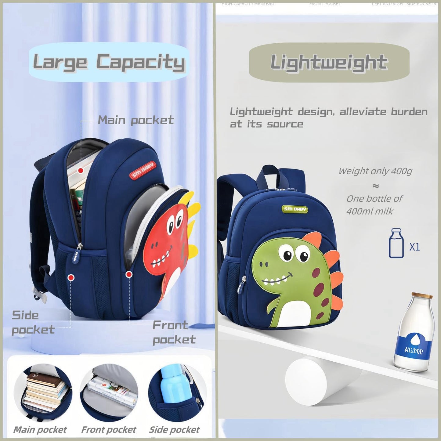 Dinosaur Anti-lost Backpack for Boys Kindergarten Preschool Bookbag with Chest Strap, Toddler Boys Backpack Daycare Bag, B-Green+Orange