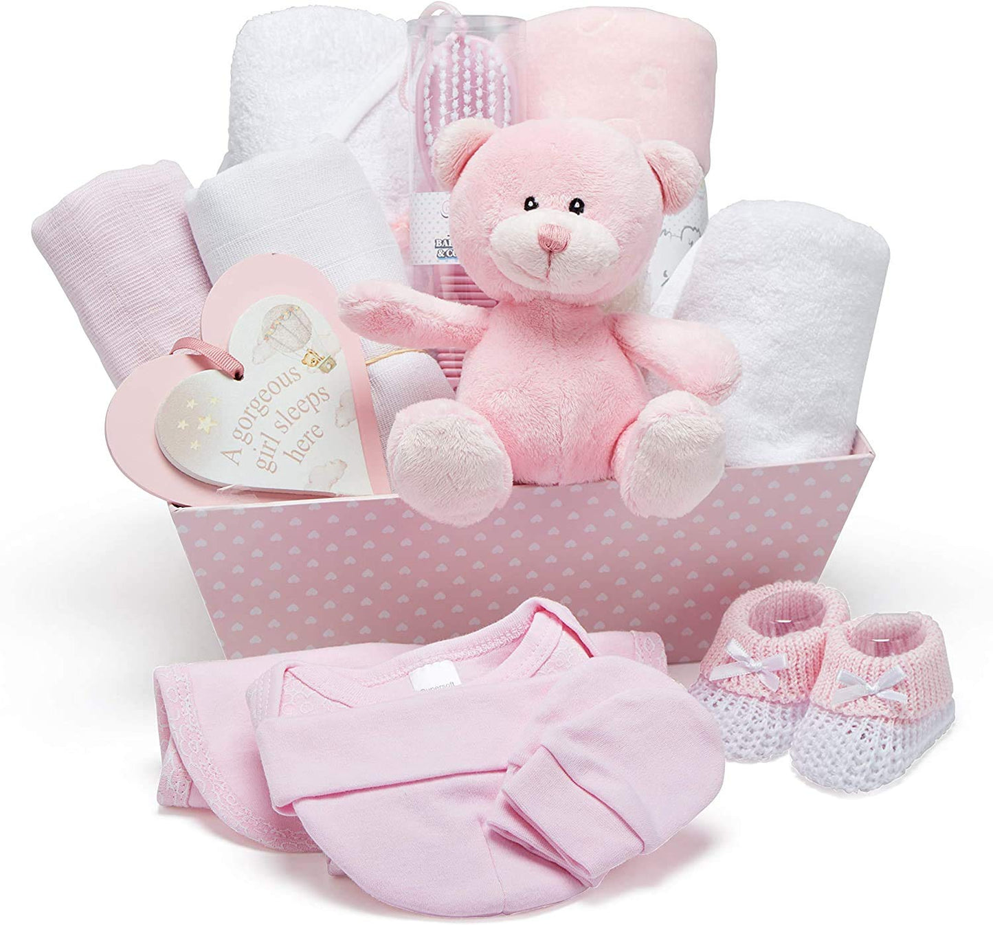 Baby Box Shop - Baby Shower Gifts for Girls - 14 Girl Newborn Essentials Girl Gifts, Includes Teddy Bear, Bodysuit, Bib, Mittens, Hat, Towel - Basket Gifts for Newborn Girl - Pink