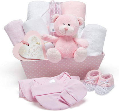 Baby Box Shop - Baby Shower Gifts for Girls - 14 Girl Newborn Essentials Girl Gifts, Includes Teddy Bear, Bodysuit, Bib, Mittens, Hat, Towel - Basket Gifts for Newborn Girl - Pink