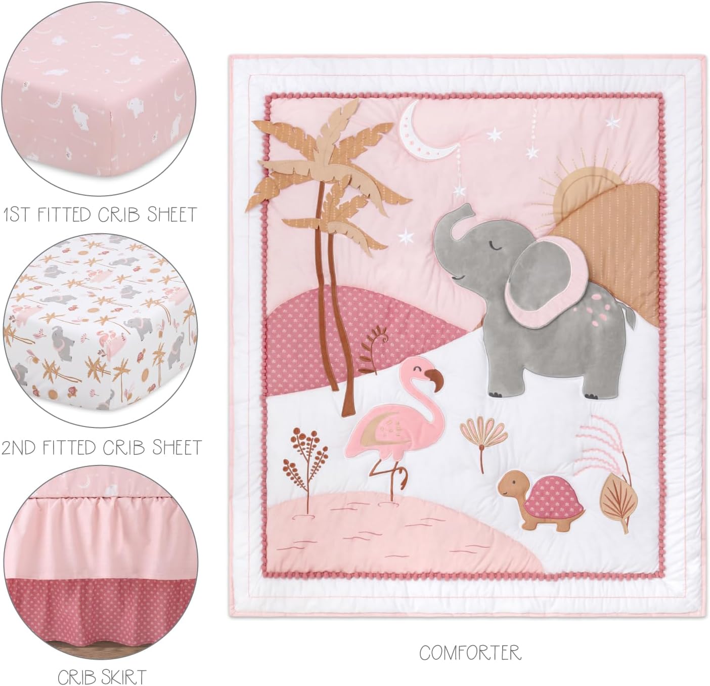 The Peanutshell 4 Piece Organic Cotton Baby Crib Bedding Set for Girls - Newborn, Infant & Toddler Nursery Bed Set Decor with Two Crib Sheets, Dust Ruffle Comforter - Safari Oasis