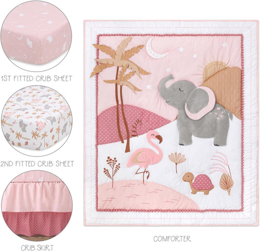 The Peanutshell 4 Piece Organic Cotton Baby Crib Bedding Set for Girls - Newborn, Infant & Toddler Nursery Bed Set Decor with Two Crib Sheets, Dust Ruffle Comforter - Safari Oasis