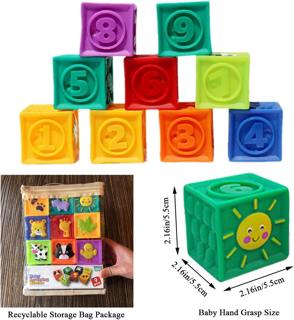 Kingtree Baby Blocks, 9PCS Soft Squeeze Building Blocks Stacking Toys for 6+ Months Babies, Baby Teething Chewing Educational Blocks Set with Numbers Animals Shapes Textures