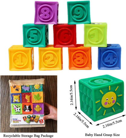 Kingtree Baby Blocks, 9PCS Soft Squeeze Building Blocks Stacking Toys for 6+ Months Babies, Baby Teething Chewing Educational Blocks Set with Numbers Animals Shapes Textures