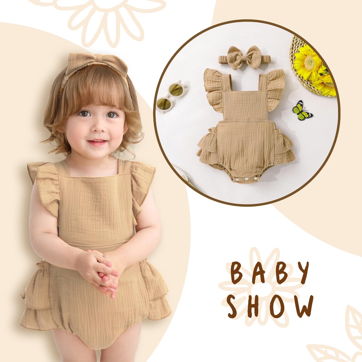 Happy Town Baby Girl Clothes Toddler Summer Linen Romper Sleeveless Ruffle Outfits Infant Girls Jumpsuit with Headband