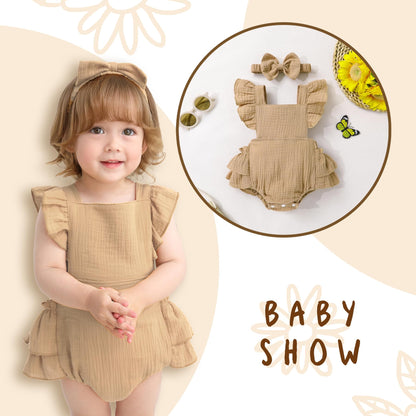 Happy Town Baby Girl Clothes Toddler Summer Linen Romper Sleeveless Ruffle Outfits Infant Girls Jumpsuit with Headband