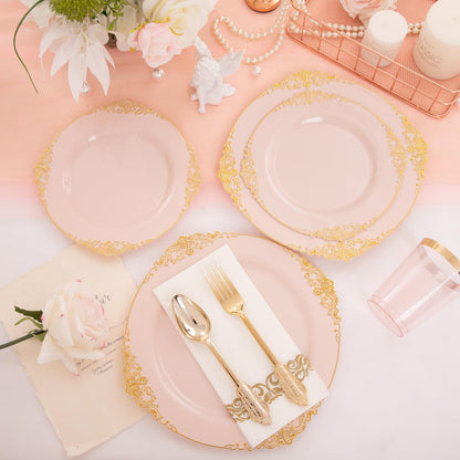 Morejoy 175PCS Rose Gold & Silver Plastic Dinnerware Set: 25 Plates, 25 Forks, 25 Knives, 25 Spoons, 25 Cups, 25 Napkins - Perfect for Wedding & Party