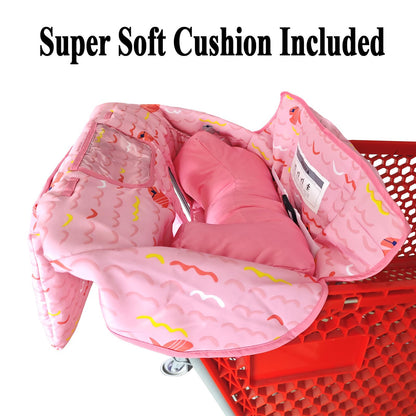 Soft Pillow Attached 2-in-1 Shopping Cart and High Chair Cover for Baby, Cotton Padded Cart Cover, Fold'n Roll Style, Portable with Carry Bag (Blue Elephant)