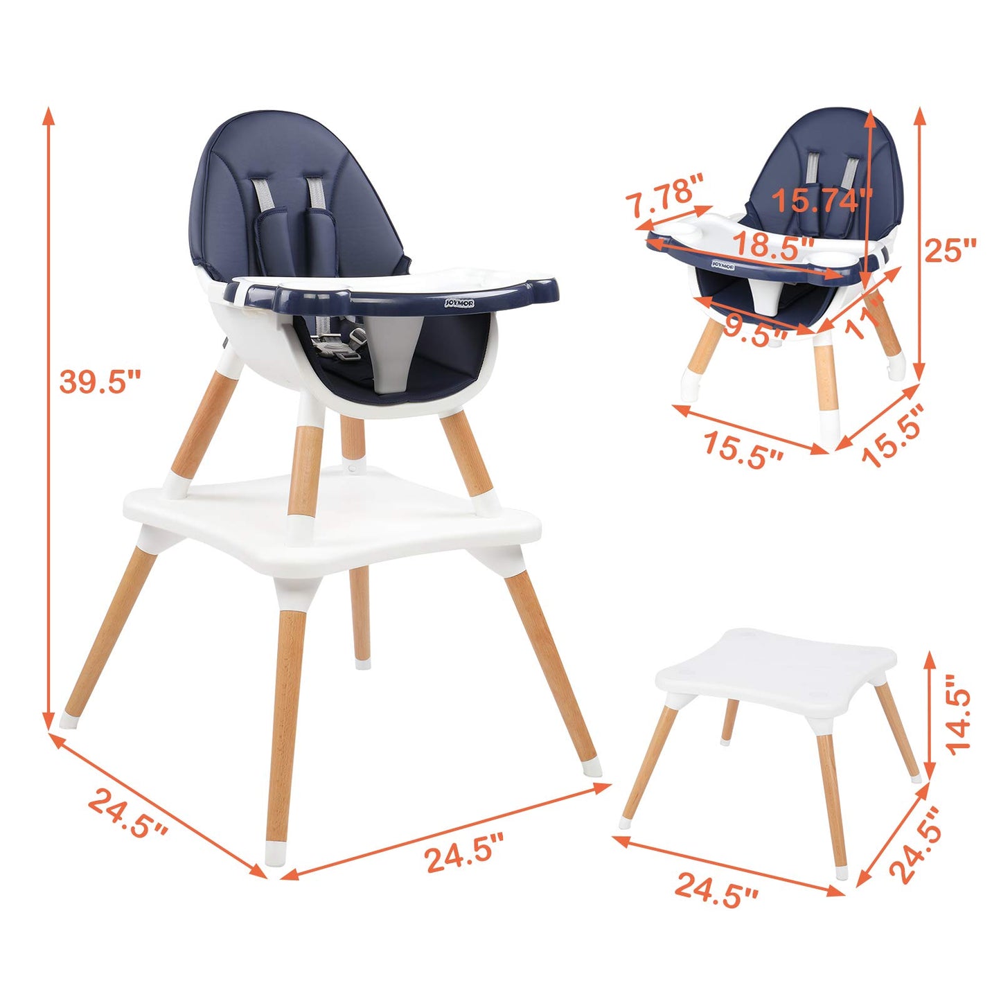 JOYMOR 5-in-1 Convertible Baby High Chair for Babies and Toddlers, Table and Chair Set, Wooden Infant Eating Highchair with Leather Seat Cushion, 4-Position Removeable & Adjustable Tray (Biege)