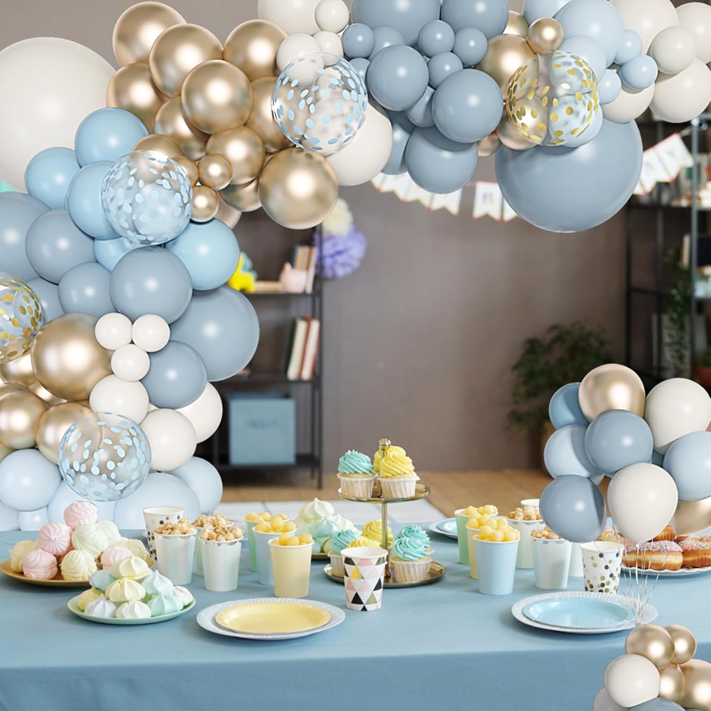 Ouddy Life 180pc Dusty Baby Balloons Arch Garland Kit, Blue Baby Shower Decorations Boy with Fog, Sand, White, Chrome, Gold, Champagne Balloons for Birthday, Boho, Bridal Shower Party Decor