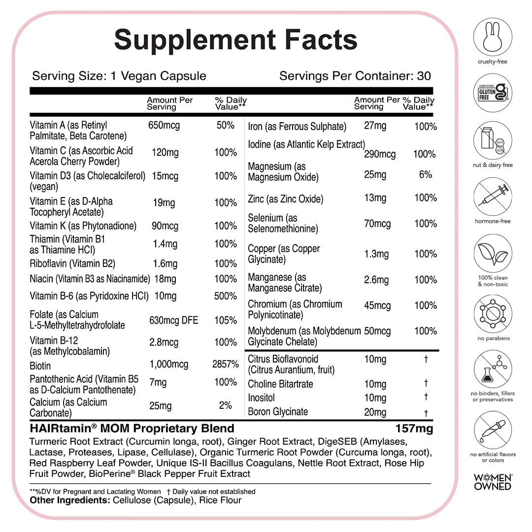 HAIRtamin MOM Vegan Prenatal & Postnatal Multivitamin Supplement & Hair Vitamin Pregnancy, Postpartum, Breastfeeding Probiotic One-a-Day Hair Vitamins with Biotin, Zinc, Iron (30 Counts)