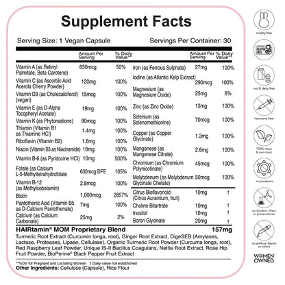 HAIRtamin MOM Vegan Prenatal & Postnatal Multivitamin Supplement & Hair Vitamin Pregnancy, Postpartum, Breastfeeding Probiotic One-a-Day Hair Vitamins with Biotin, Zinc, Iron (30 Counts)