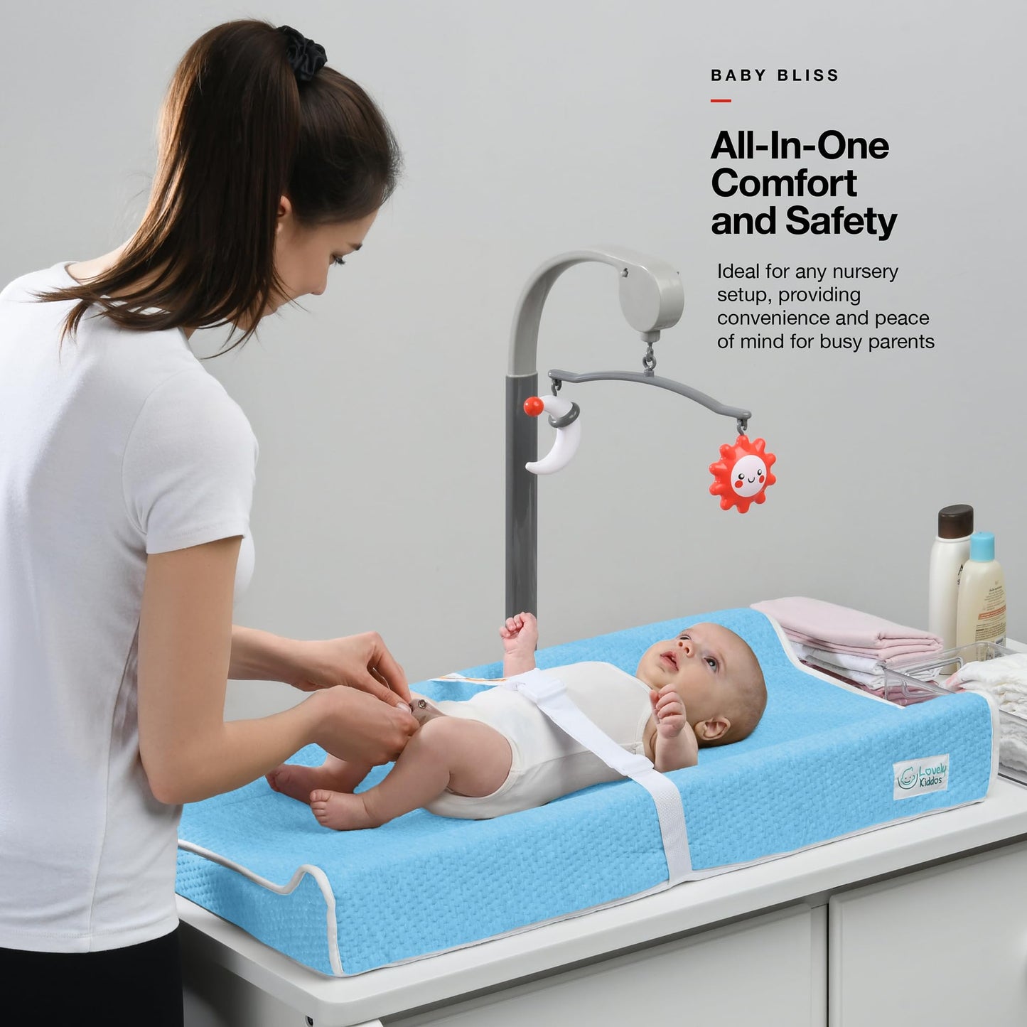 Changing Pad - Foam Contoured Baby Changing Pad for Dresser, Washable Soft & Removable Non-Slip Outer Cover + Inner Waterproof Lining, Bonus Portable Toy Bar with Music Mode Included