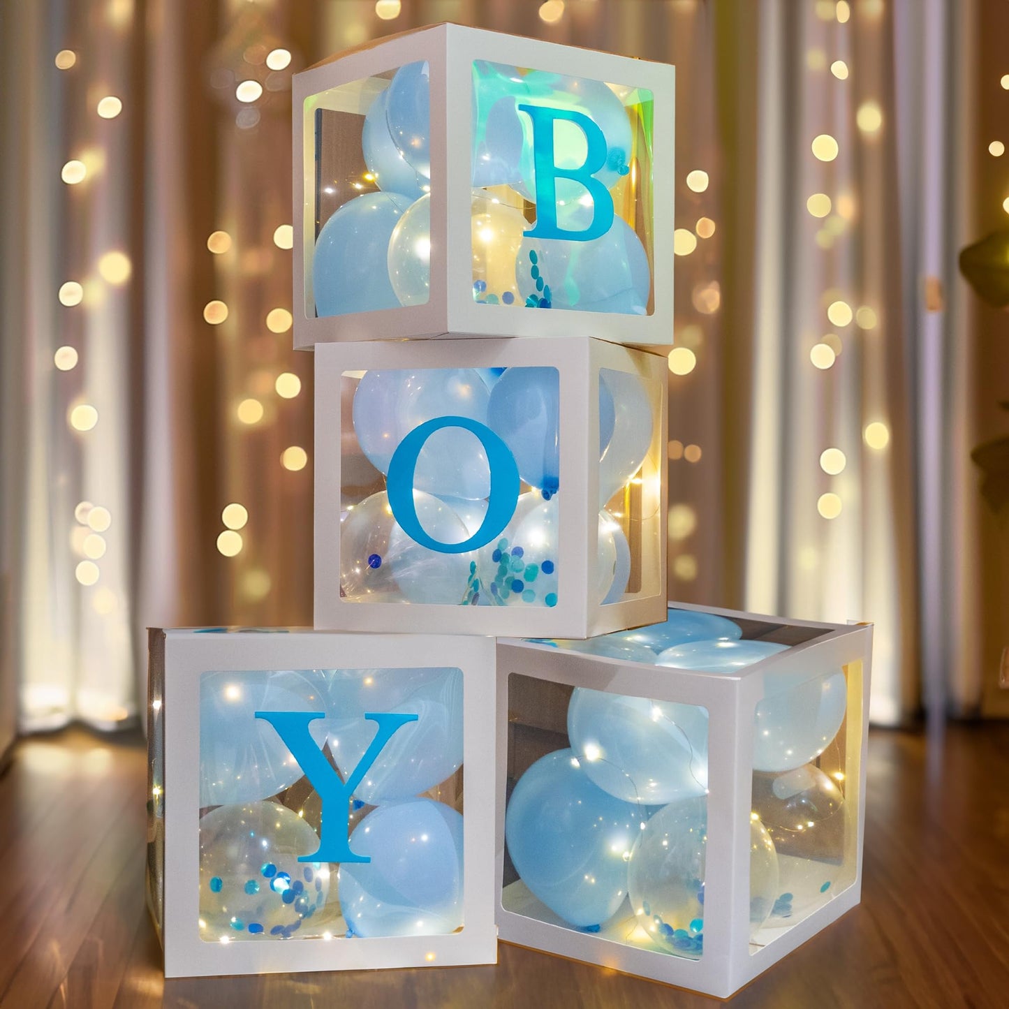 Uptotop Baby Shower Balloon Box Decorations, 4 Pcs Baby Blocks Transparent Balloon Boxes with Letters, Fairy String Lights and 36 Pcs Latex Balloons for Decor, Pink