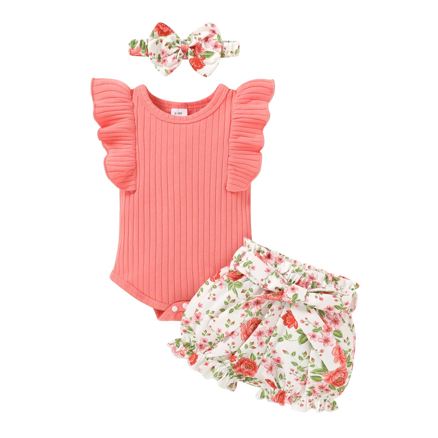 Tiny Cutey Baby Girl Clothes Infant Summer Outfits Set Ruffle Sleeve Romper and Floral Shorts with Headband