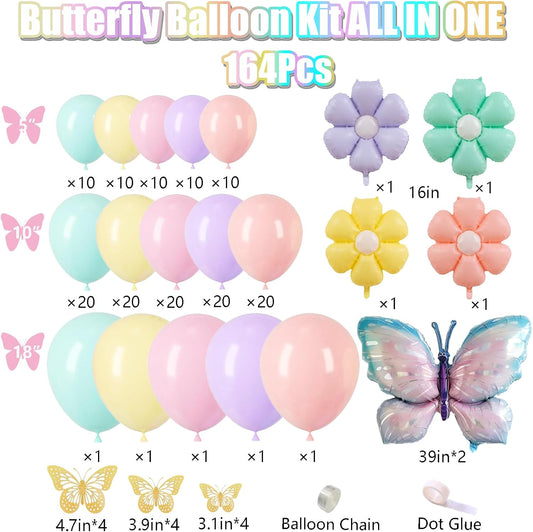 Butterfly and Daisy Flower Balloons Arch Garland Kit 164Pcs Pastel Purple Green Yellow Pink Orange Balloons with Butterfly Stickers for Birthday Party Baby Shower Decorations