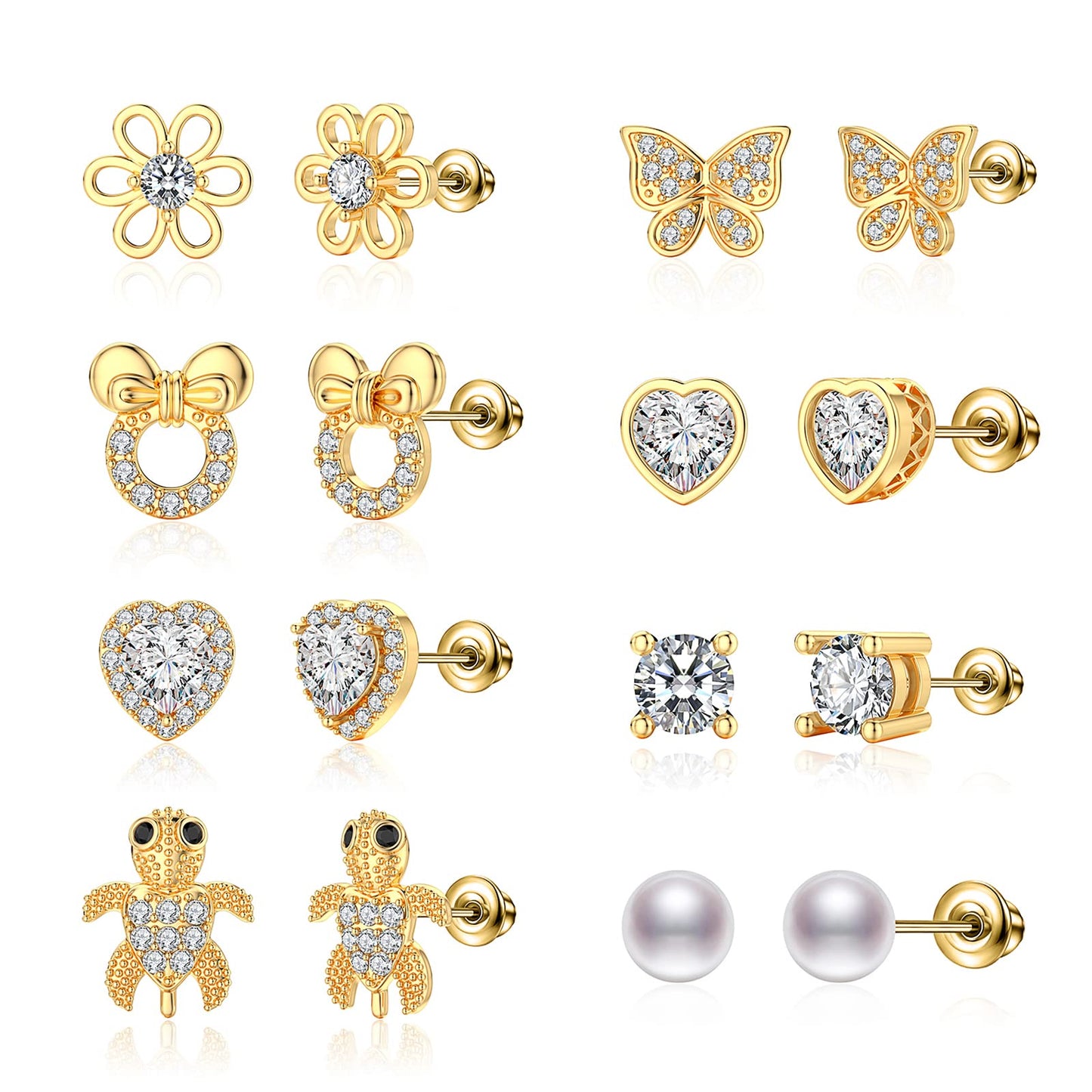 TOPBRIGHT 8 Pairs Hypoallergenic Earrings 925 Sterling Silver Stud Earrings White Heart CZ Tiny Butterfly For Kids, Toddlers, Little Girls, Teens, Women