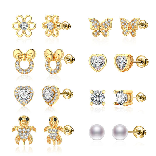 TOPBRIGHT 8 Pairs Hypoallergenic Earrings 925 Sterling Silver Stud Earrings White Heart CZ Tiny Butterfly For Kids, Toddlers, Little Girls, Teens, Women
