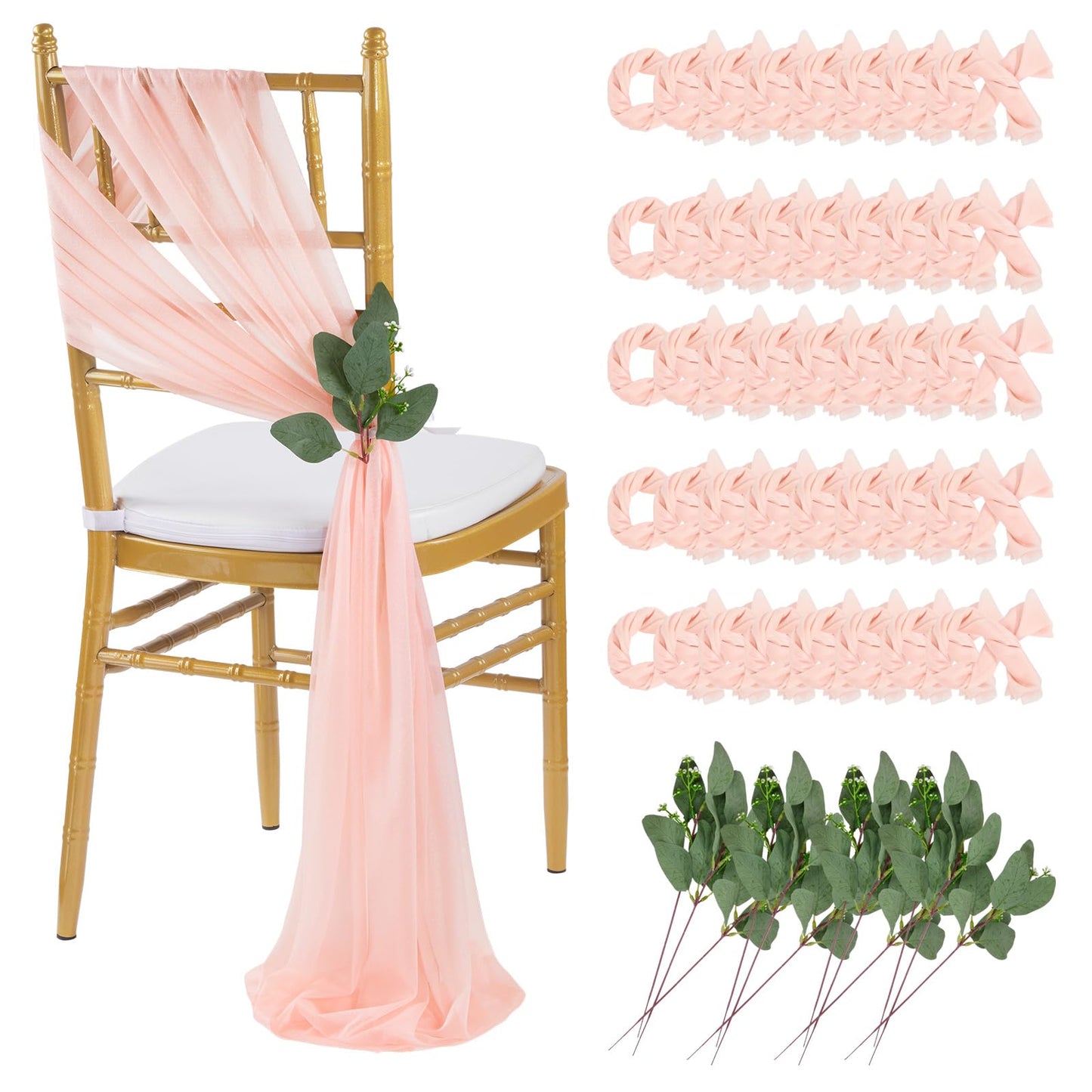 QueenDream Light Blue Sashes Chair Aisle Decorations: 24 Pack Baby Shower Chair Cover 8FT Long Tulle Draping Fabric Wedding Reception Church