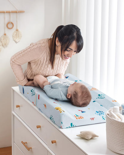 Blissful Diary Baby Changing Pad with Waterproof Lining Foam, Includes a Soft & Washable Cover, Contoured Changing Table Pads for Dresser Top with Non-Slip Bottom, 32”×16” (Grey, Avocado)