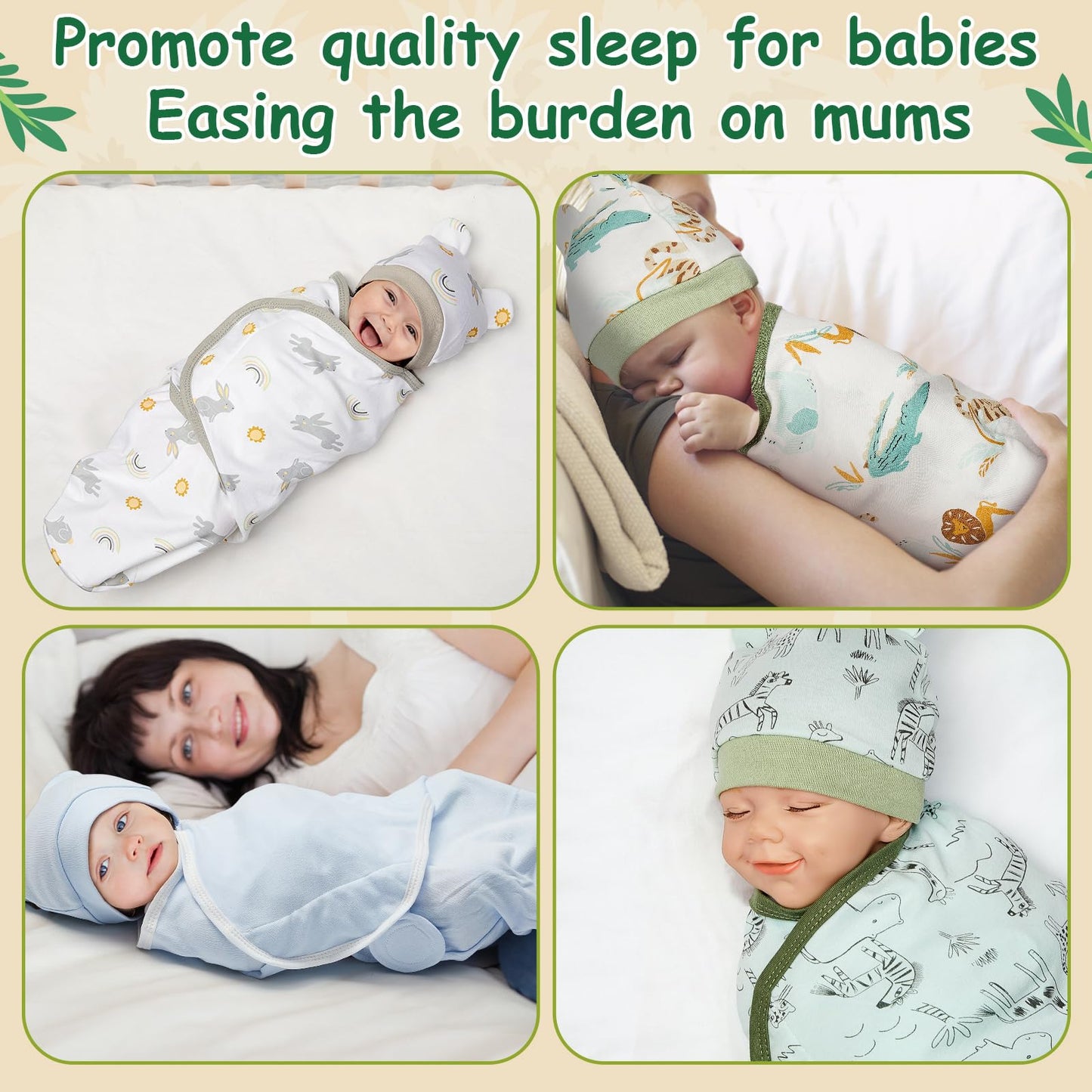 Ramede 6 Pack Baby Swaddle Blanket with Hats Sleep Swaddle for 0-3 Months Newborn Sacks Soft Cotton Wearable for Boy Girl