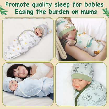 Ramede 6 Pack Baby Swaddle Blanket with Hats Sleep Swaddle for 0-3 Months Newborn Sacks Soft Cotton Wearable for Boy Girl