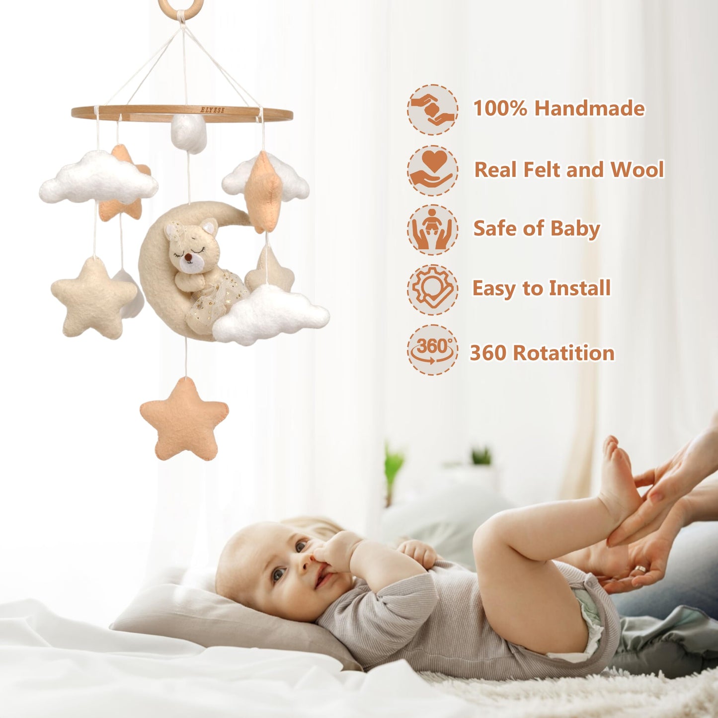 Crib Mobile for Girls, Sleeping Princess Bear Baby Mobile for Crib, Handmade Felt Crib Mobile, Baby Crib Mobile with Cloud and Stars, Nursery Baby Mobile for Bassinet (Cinnamon)