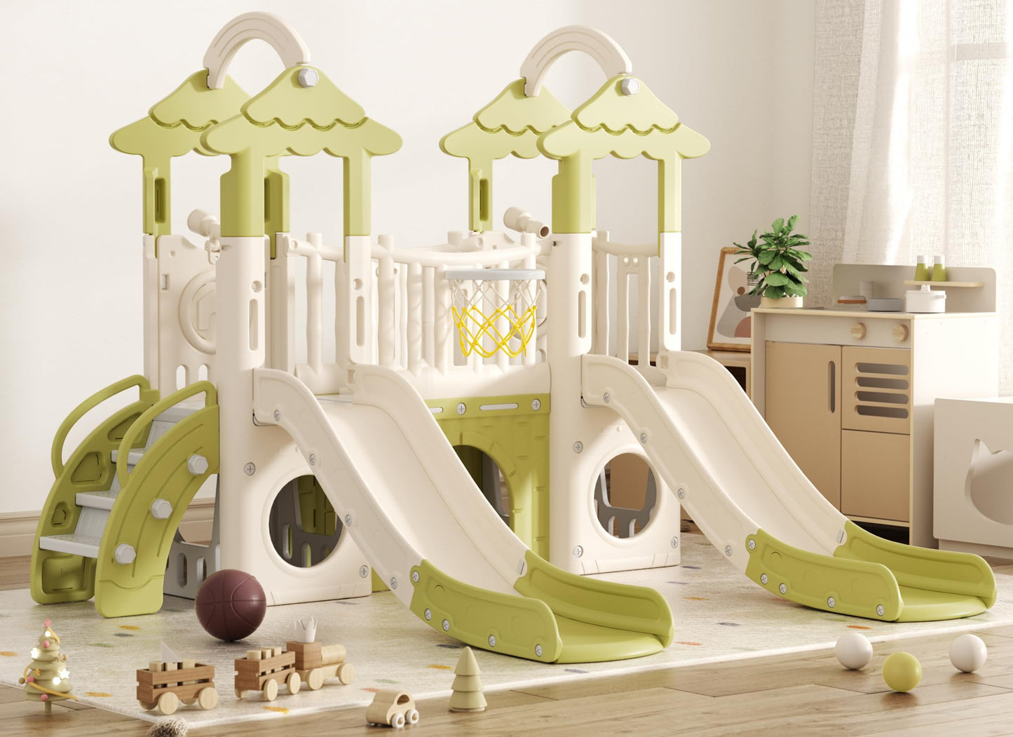 KORIMEFA 10-in-1 Toddler Slide, Kid Double Slide for Toddlers Age 1-3, Basketball Hoop, and Telescope, Indoor Outdoor Slide Toddler Playset Toddler Playground, Forest Themed Brown