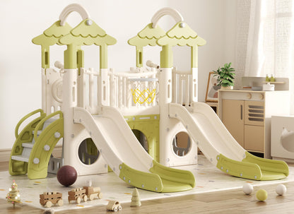 KORIMEFA 10-in-1 Toddler Slide, Kid Double Slide for Toddlers Age 1-3, Basketball Hoop, and Telescope, Indoor Outdoor Slide Toddler Playset Toddler Playground, Forest Themed Brown