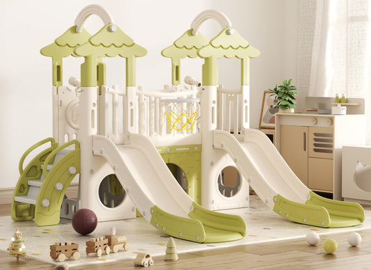 KORIMEFA 10-in-1 Toddler Slide, Kid Double Slide for Toddlers Age 1-3, Basketball Hoop, and Telescope, Indoor Outdoor Slide Toddler Playset Toddler Playground, Forest Themed Brown