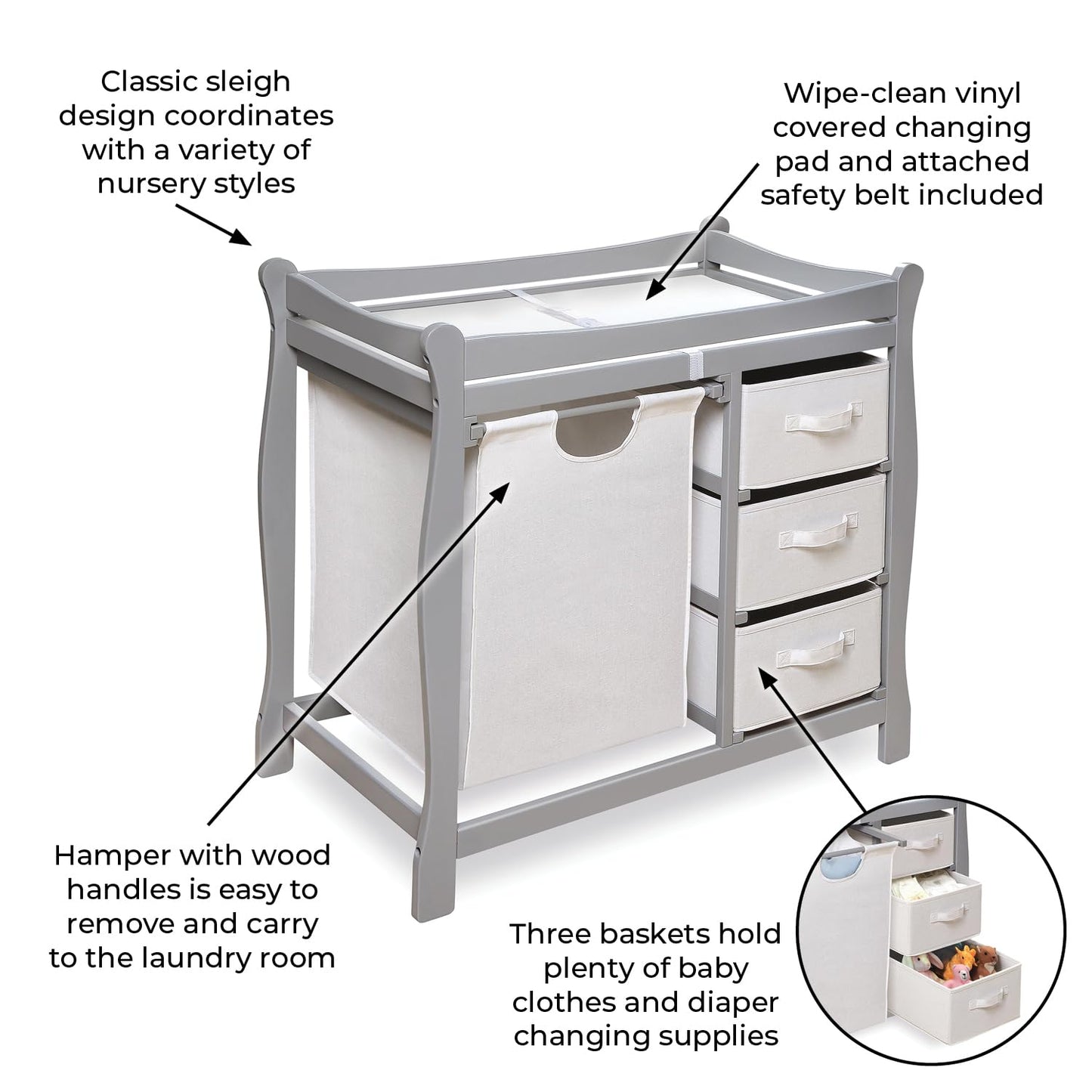 Badger Basket Sleigh Style Baby Changing Table with Laundry Hamper and 3 Storage Drawers - Espresso