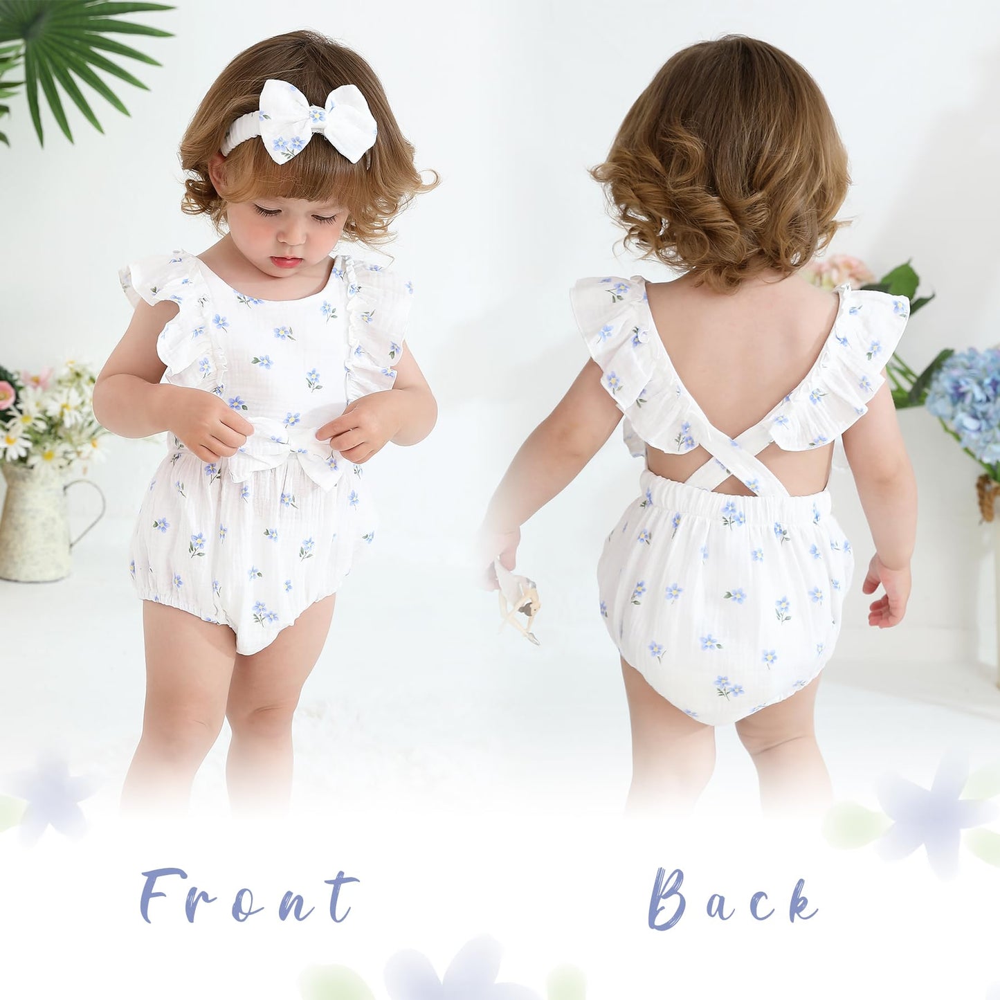 YOUNGER TREE Newborn Baby Girl Clothes Ruffle Sleeve Rompers Infant Backless Floral Jumpsuit Summer Outfits with Headband