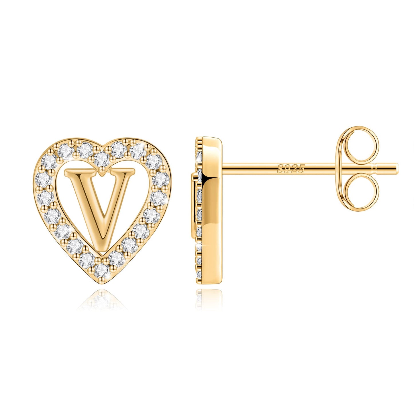 Anoup Heart Initial Stud Earrings - Gifts for Girls, Sterling Silver Post 14K Gold Plated All Over Hypoallergenic | CZ Simulated Diamond Stud Earrings | Birthday Gifts for Kids Toddlers Daughter