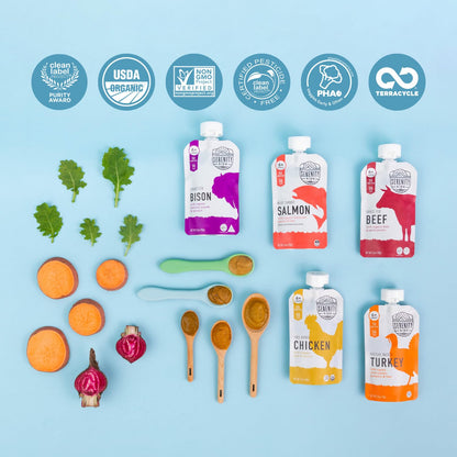 Serenity Kids 7+ Months World Explorers Baby Food Pouches Puree Made With Ethically Sourced Meats & Organic Veggies | 3.5 Ounce BPA-Free Pouch | Beef Chimichurri | 6 Count