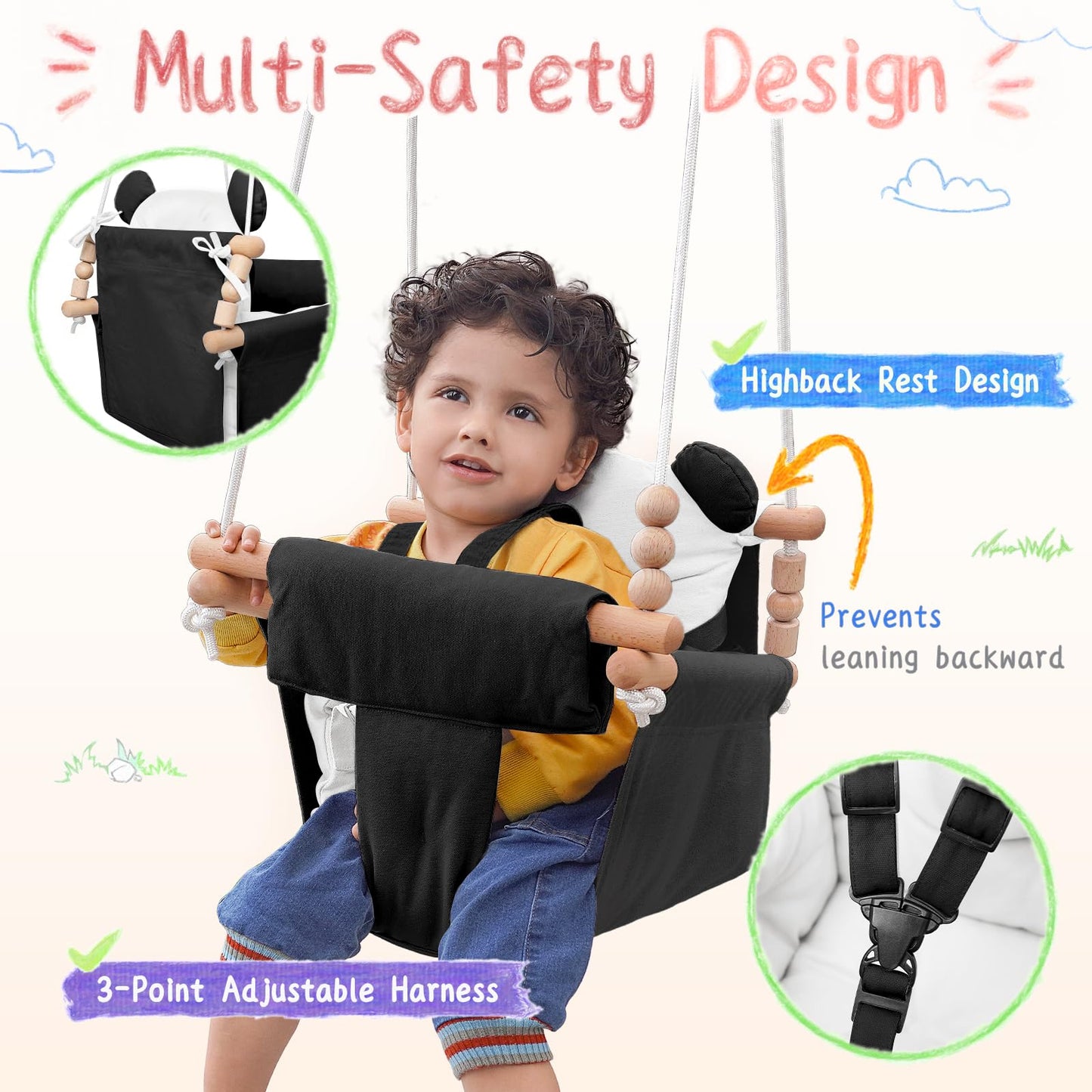 Baby Swing Indoor Outdoor,Secure Canvas Wooden Toddler Swing Seat, 3-Point Adjustable Safety Harness,Mounting Hardware Included,Gift for Boys and Girls,White