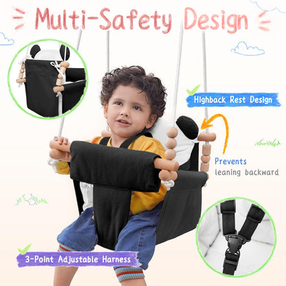 Baby Swing Indoor Outdoor,Secure Canvas Wooden Toddler Swing Seat, 3-Point Adjustable Safety Harness,Mounting Hardware Included,Gift for Boys and Girls,White